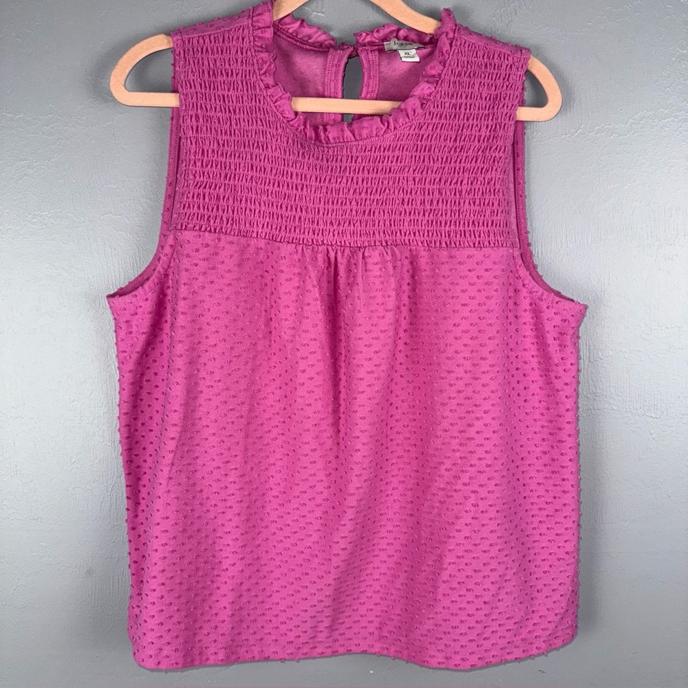 J Crew Top Women’s XL Pink Clip Dot Tank Pink Smocked Ruffle